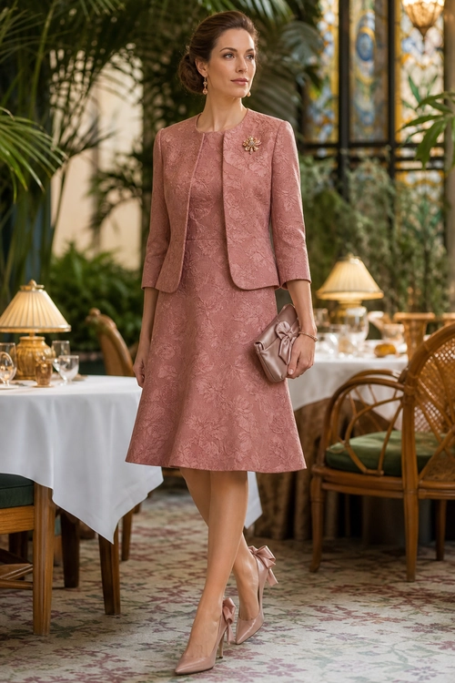 Rose Pink Jacket and Dress Ensemble Woman wearing a rose pink textured dress with a matching cropped jacket, bow pumps, clutch, and brooch.