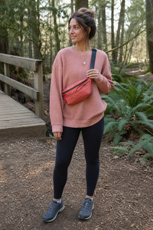 A woman wears a dusty rose knit sweater, black leggings, gray trail sneakers, and a coral crossbody belt bag on a forest path.