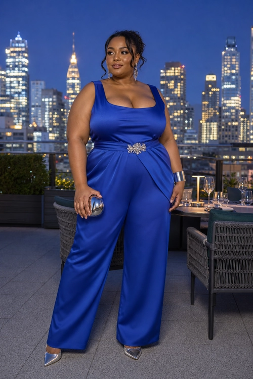 A woman wears a royal blue sleeveless wide-leg jumpsuit with a jeweled waist detail, metallic clutch, cuff bracelet, and pointed shoes.