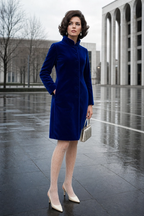 Royal Blue Velvet Coatdress Outfit A woman wears a royal blue velvet coatdress with nude patterned tights, cream pointed heels, and a metallic silver handbag.