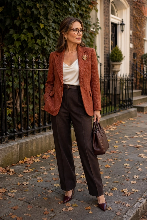 Rust Blazer and Brown Trousers Outfit A tailored rust blazer layered over an ivory blouse with dark brown trousers, burgundy pointed heels, and a matching handbag.