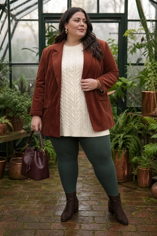 A woman wears a rust corduroy blazer over a cream cable-knit sweater with dark green pants, brown ankle boots, and a burgundy handbag.