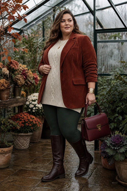 A woman wears a rust corduroy blazer over a cream cable-knit sweater with dark trousers, tall brown boots, and a burgundy handbag.