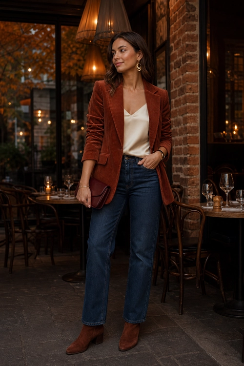 A woman wears a rust velvet blazer over an ivory camisole with dark blue jeans, brown ankle boots, and a burgundy clutch.
