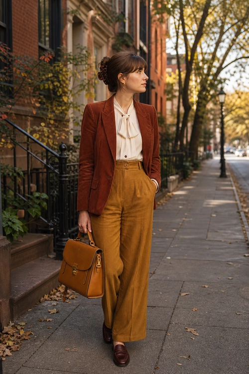 Rust Blazer and Mustard Trousers Outfit A tailored outfit featuring a rust-brown blazer, cream tie-neck blouse, mustard wide-leg trousers, burgundy loafers, and a brown leather handbag.