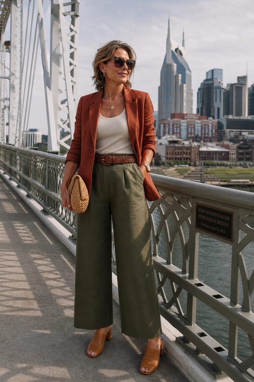 Rust Blazer and Olive Trousers A woman wears a rust blazer over a cream ribbed top with olive wide-leg trousers, a brown belt, tan heels, sunglasses, and a woven clutch.