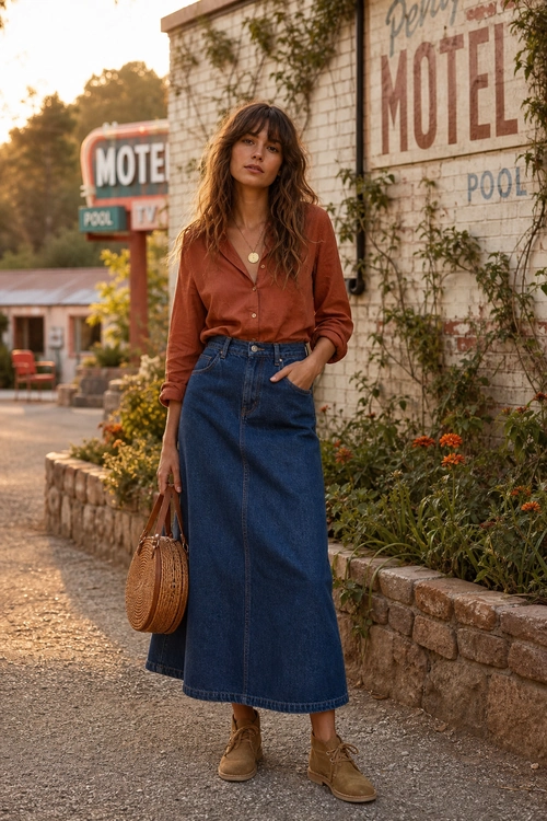 Rust Blouse and Denim Maxi Skirt Outfit Woman wearing a rust button-front blouse, long blue denim skirt, tan lace-up ankle boots, and a round woven shoulder bag.