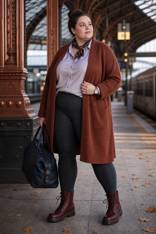 A rust-brown long cardigan layered over a lavender button-up shirt with dark leggings, burgundy lace-up boots, a patterned neck scarf, and a black tote bag.