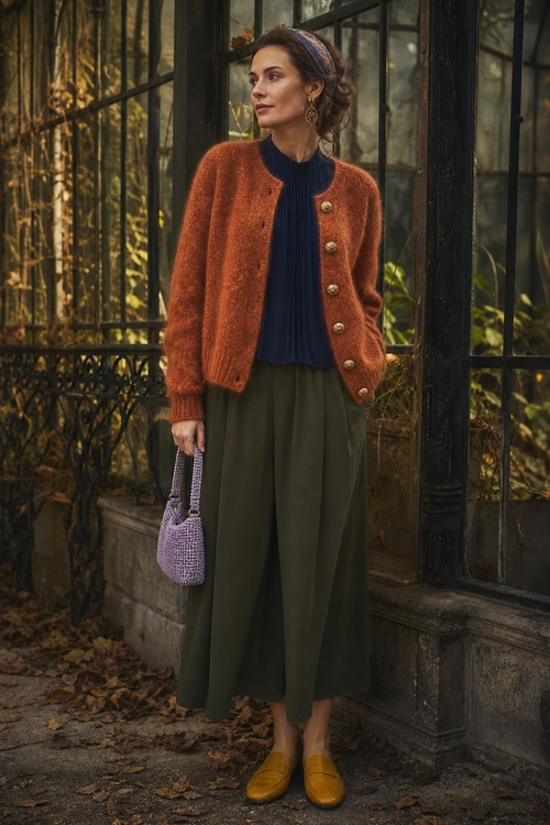Rust Cardigan and Olive Trousers Outfit A woman wears a rust button-front cardigan over a navy ribbed top with olive wide-leg trousers, mustard loafers, and a lavender beaded handbag.