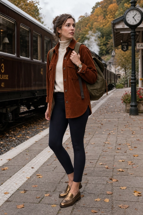 Rust Corduroy Layered Travel Outfit A woman wears a rust corduroy overshirt over a cream turtleneck with black slim trousers, brown loafers, and an olive backpack at a train platform.