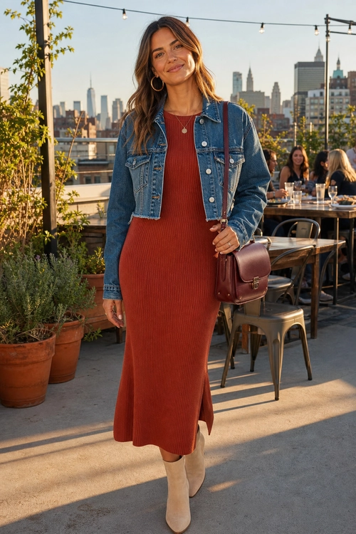 Rust Dress with Denim Jacket A woman wears a rust ribbed midi dress with a cropped blue denim jacket, beige ankle boots, and a brown leather shoulder bag.