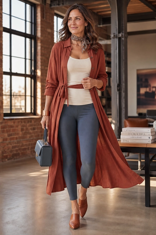 Woman wearing a rust-colored belted duster over a cream sleeveless top with slate leggings, pointed heels, a neck scarf, and a structured handbag.