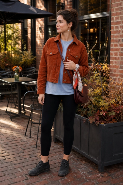 A casual outfit featuring a rust-colored jacket over a light blue top, black leggings, black lace-up shoes, and a brown crossbody bag with a patterned scarf.