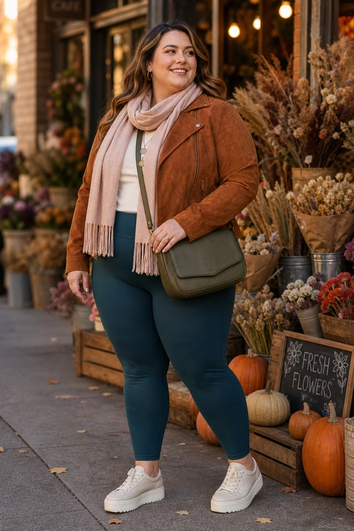A woman wears a rust-brown jacket, pale pink scarf, cream top, dark teal leggings, white platform sneakers, and an olive crossbody bag.