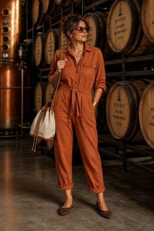 Rust Jumpsuit with Leopard Flats A woman wears a rust belted utility jumpsuit with rolled cuffs, leopard print flats, sunglasses, a gold cuff bracelet, and a cream drawstring bag.