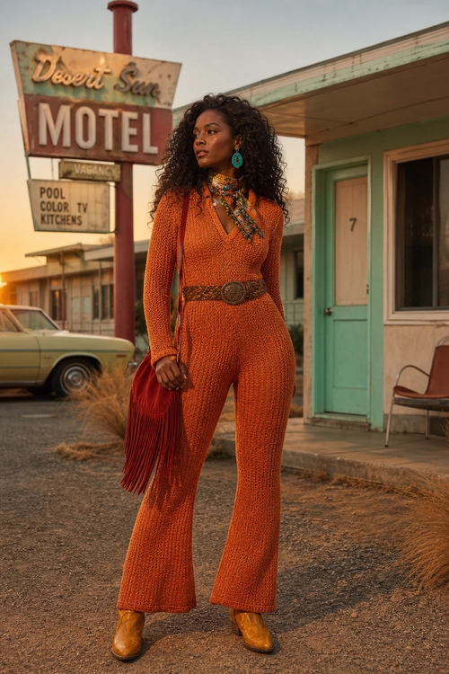 Rust Knit Jumpsuit Outfit A woman wears a rust-orange knit flared jumpsuit with a wide brown belt, patterned neck scarf, turquoise earrings, red fringed bag, and tan ankle boots.