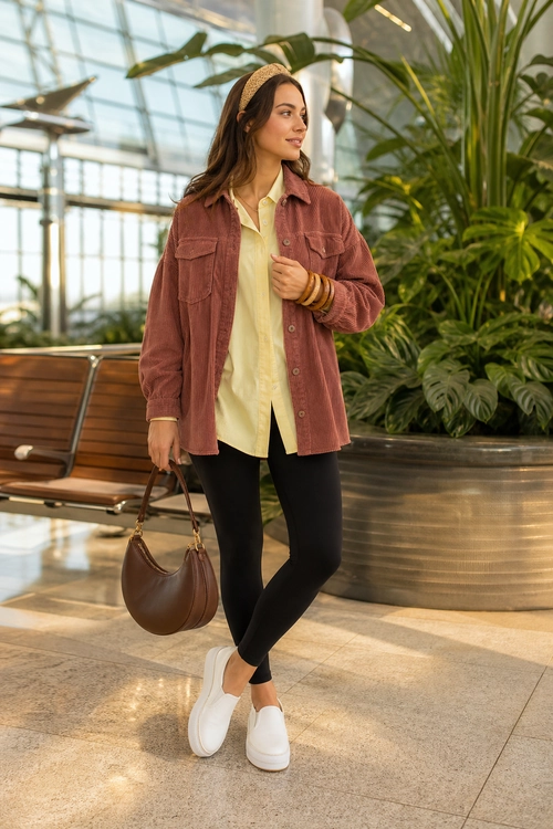 A casual outfit featuring a rust-colored overshirt, pale yellow blouse, black leggings, white slip-on sneakers, and a brown handbag.