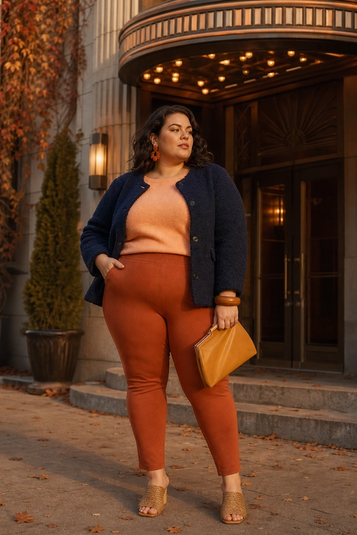 A woman wears rust-colored pants with a peach knit top, navy cardigan, woven sandals, and a mustard clutch.