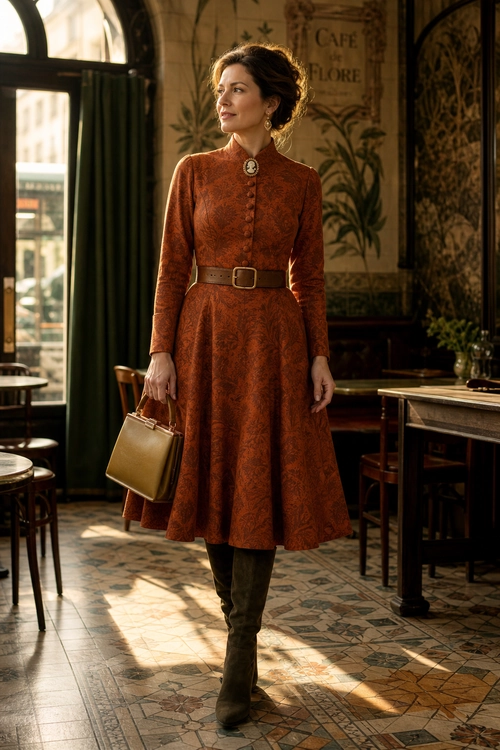 A woman wears a rust patterned long-sleeve midi dress with a brown belt, dark tall boots, and a structured tan handbag.