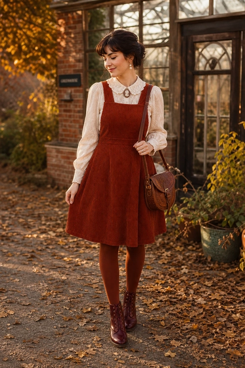 Rust Pinafore Dress Outfit A rust corduroy pinafore dress is styled with a cream lace-collar blouse, brown tights, lace-up ankle boots, and a leather crossbody bag.