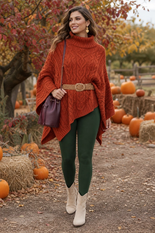 A rust cable-knit poncho styled with dark green leggings, cream ankle boots, a woven belt, and a burgundy shoulder bag.
