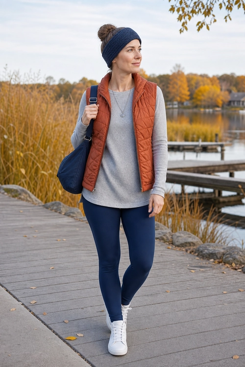 Casual outdoor outfit featuring a rust quilted vest over a gray long-sleeve top with navy leggings, white sneakers, a navy tote bag, and a navy knit headband.