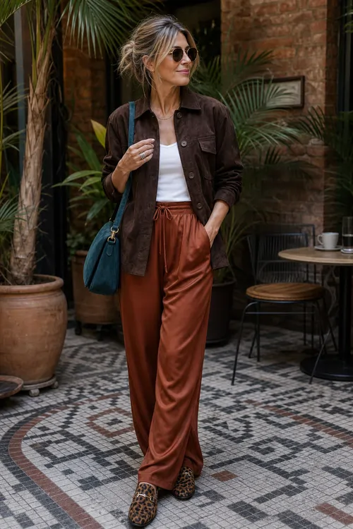 Rust Satin Pants Outfit Woman wearing rust satin wide-leg pants, a white tank top, a dark brown jacket, leopard print shoes, sunglasses, and a teal shoulder bag.