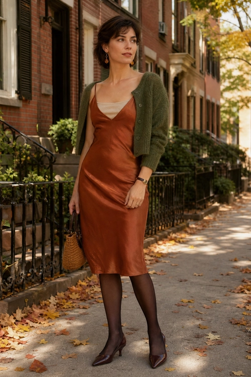 Rust Slip Dress with Olive Cardigan A rust satin slip dress layered over a cream top with an olive cropped cardigan, dark tights, pointed heels, and a woven handbag.