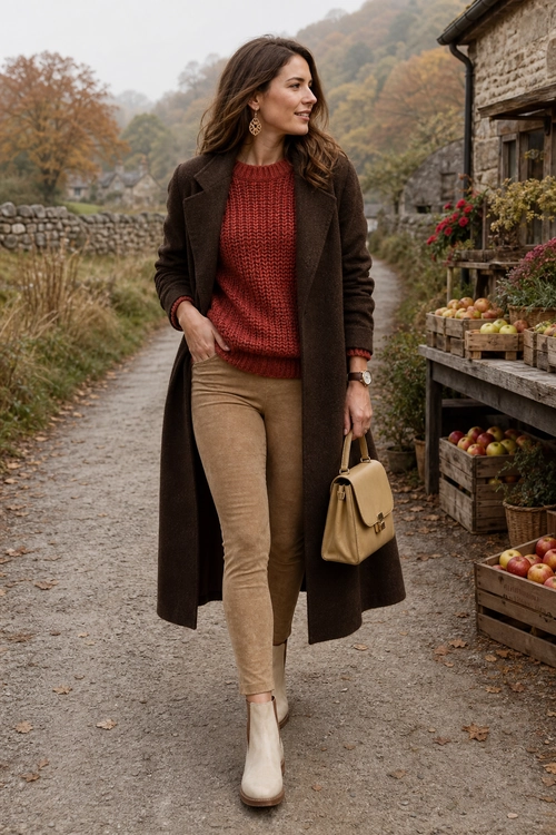 A woman wears a rust knit sweater, long brown coat, tan trousers, cream ankle boots, and a beige handbag.