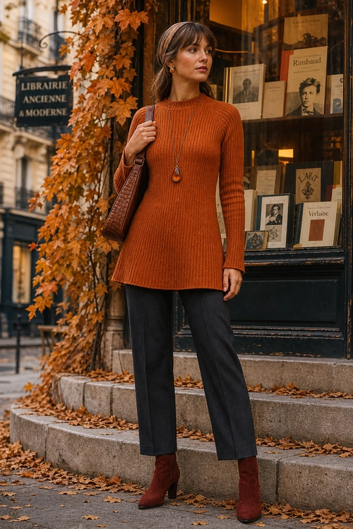 Rust Sweater and Cropped Trousers A woman wears a rust ribbed sweater with dark cropped trousers, burgundy ankle boots, and a brown shoulder bag on a leaf-covered city street.