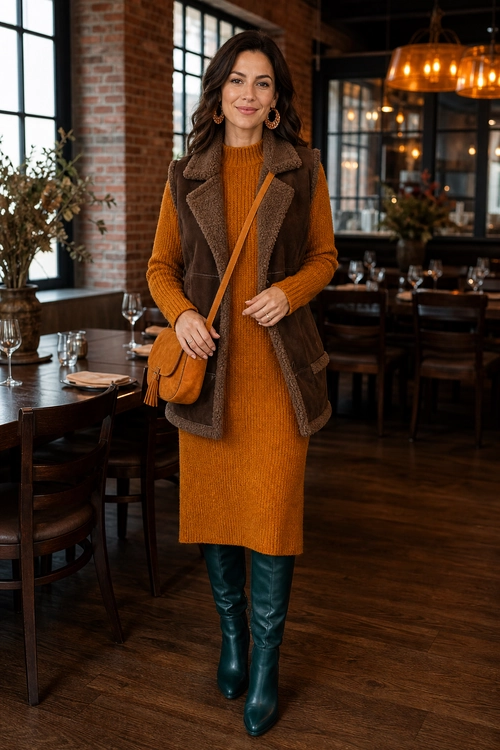 A woman wears a rust ribbed sweater dress with a brown shearling-trimmed vest, crossbody bag, and dark teal knee-high boots.