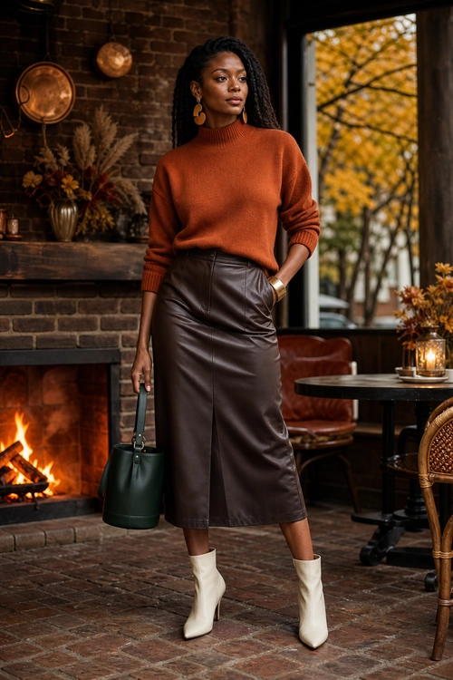 Rust Sweater and Leather Midi Skirt Outfit A woman wears a rust turtleneck sweater with a dark brown leather midi skirt, cream ankle boots, and a dark green handbag.