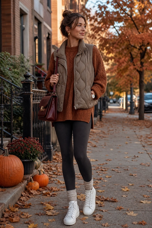 A woman wears a rust knit sweater, taupe quilted vest, black leggings, white high-top sneakers, and carries a burgundy handbag on an autumn sidewalk.