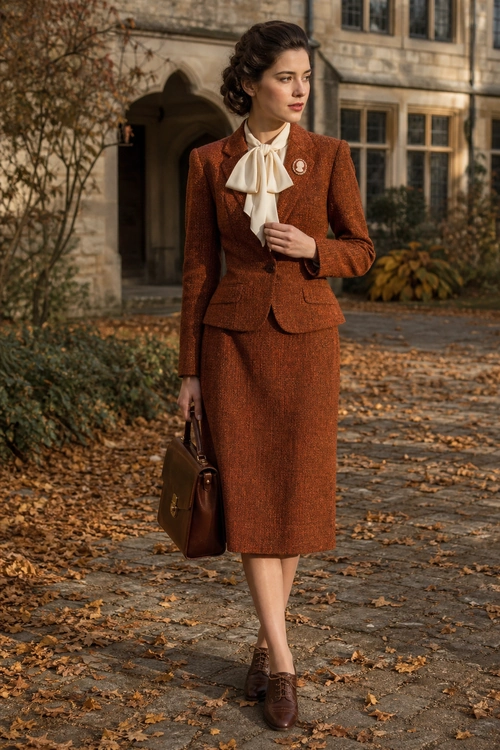 Rust Tailored Suit with Bow Blouse A woman wears a rust-brown tailored jacket and knee-length skirt with a cream bow blouse, brown lace-up shoes, and a brown leather handbag.