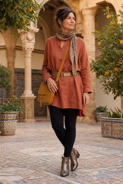 A rust-colored long-sleeve tunic styled with black leggings, a patterned scarf, a tan crossbody bag, a decorative belt, and brown ankle boots.