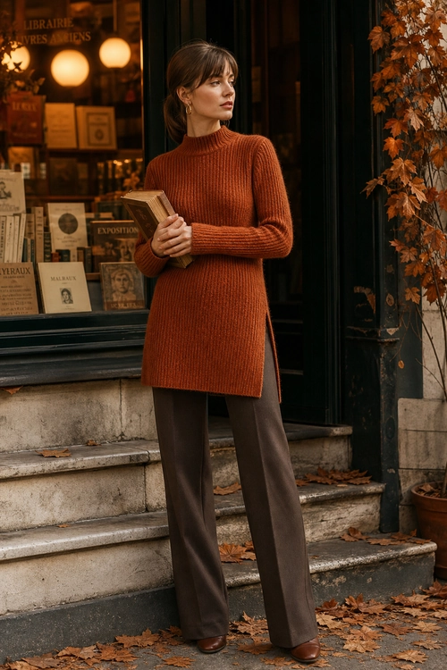 Rust Turtleneck and Wide-Leg Trousers A woman wears a rust ribbed turtleneck sweater with brown wide-leg trousers and brown shoes while holding books.
