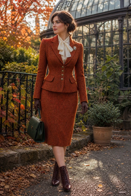 Rust Tweed Skirt Suit with Bow Blouse A tailored rust tweed skirt suit styled with a cream bow blouse, brown gloves, a dark green handbag, and burgundy ankle boots.