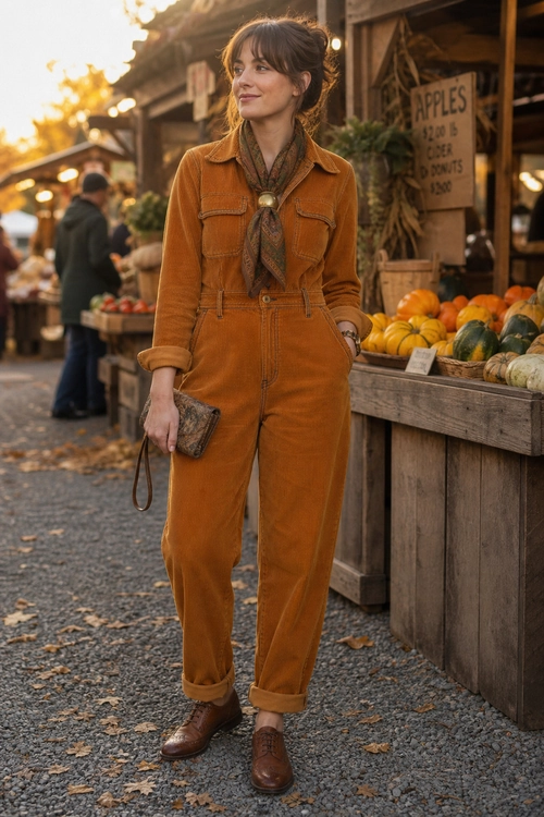 Rust Utility Jumpsuit Outfit Woman wearing a rust-colored long-sleeve utility jumpsuit with a patterned neck scarf, brown ankle boots, and a small clutch at an outdoor market.