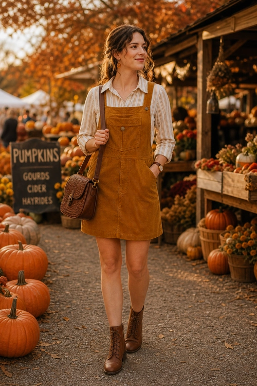 Rustic Autumn Pinafore Outfit A woman wears a brown corduroy pinafore mini dress over a striped blouse with brown ankle boots and a matching crossbody bag.