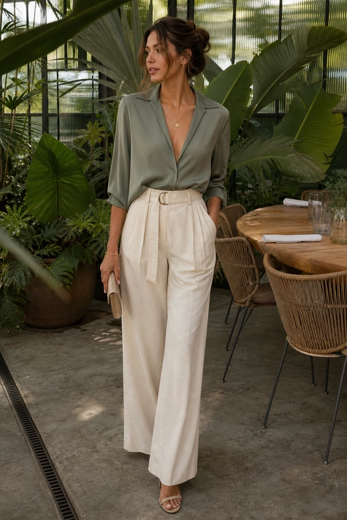 Sage Blouse and Cream Trousers Woman wearing a sage green blouse with cream high-waisted wide-leg trousers and tan sandals.