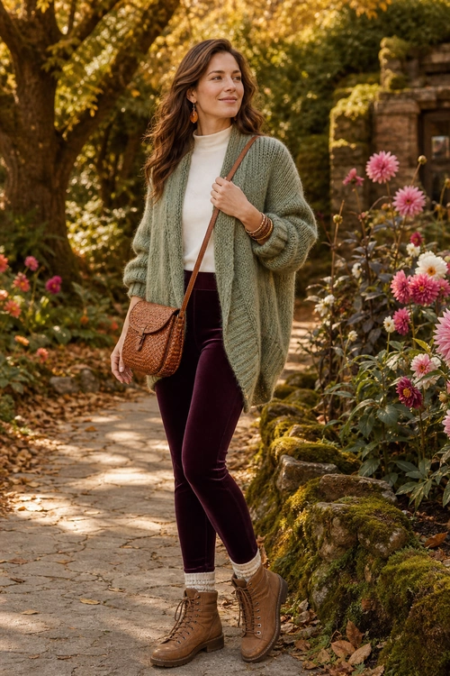 Woman wearing a sage green knit cardigan, cream mock-neck top, burgundy slim pants, brown crossbody bag, and lace-up ankle boots on a garden path.