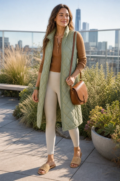 A woman wears a sage green quilted long vest over a brown ribbed top with cream pants, woven slide sandals, and a brown leather crossbody bag.