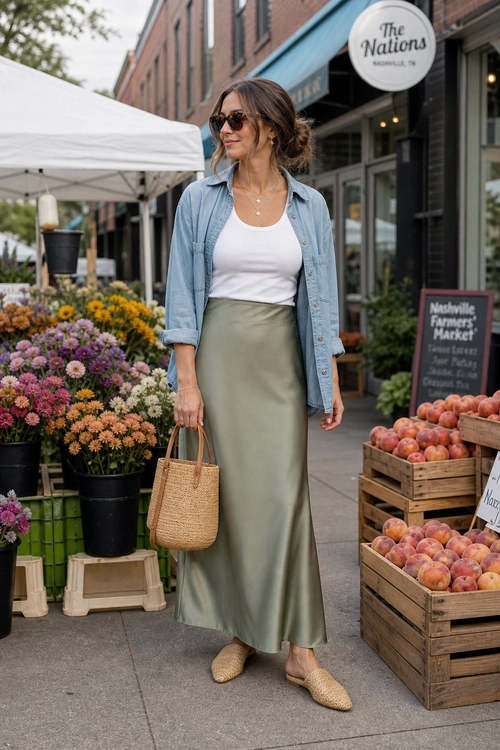 Sage Satin Skirt Outfit A woman wears a light blue open button-down shirt over a white tank top with a sage satin skirt, woven tote, sunglasses, and beige woven mules.