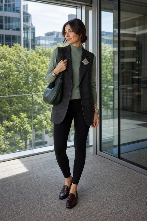 A sage green turtleneck layered under a charcoal tailored vest with black slim trousers, burgundy loafers, and a dark green shoulder bag.