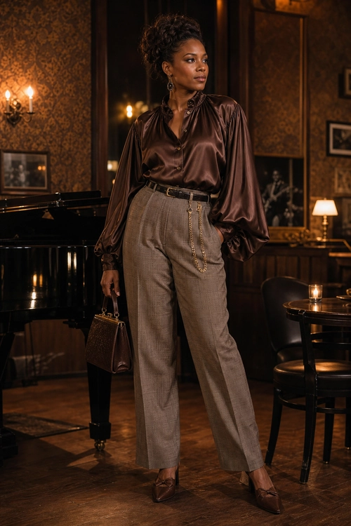 Satin Blouse and Tailored Trousers A woman wears a brown satin blouse with voluminous sleeves, high-waisted taupe trousers, brown pointed-toe shoes, and a structured handbag.