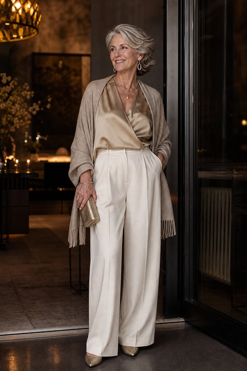 A woman wears a champagne satin wrap blouse, cream wide-leg trousers, and a fringed taupe cardigan with beige heels and a metallic clutch.