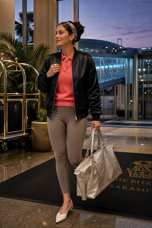 Polished Travel Outfit with Satin Bomber Jacket Woman wearing a black satin bomber jacket, coral collared top, taupe leggings, white pointed flats, and carrying a metallic tote bag.