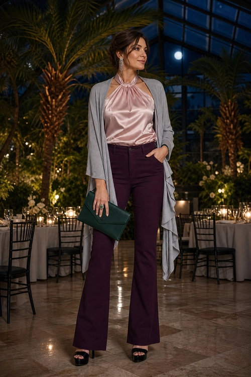 A woman wears a blush satin halter top, long gray draped cardigan, burgundy wide-leg trousers, black heeled sandals, and carries a dark green clutch.
