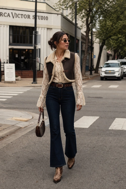 A woman wears a brown shearling vest over a cream lace blouse with dark flared jeans, brown boots, sunglasses, and a small handbag.