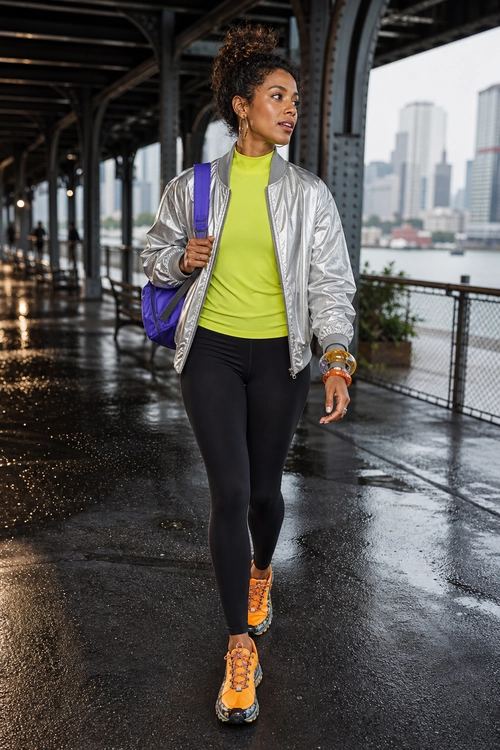 A woman wears a silver bomber jacket over a lime green top with black leggings, orange sneakers, and a purple backpack.